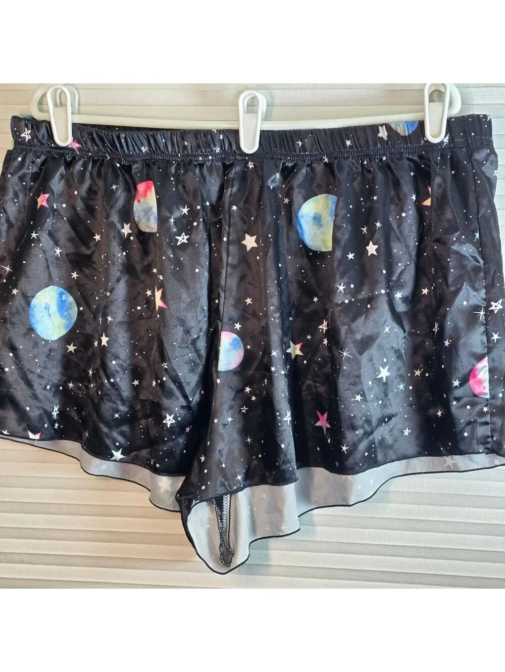 New Black Satiny Celestial Shorts Plus Size 4XL Stars Moon Planets Shiny Space